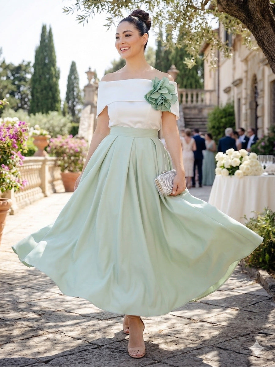 A-Line Off Shoulder Satin Ruched Mixed Color Floor-Length Formal Dresses