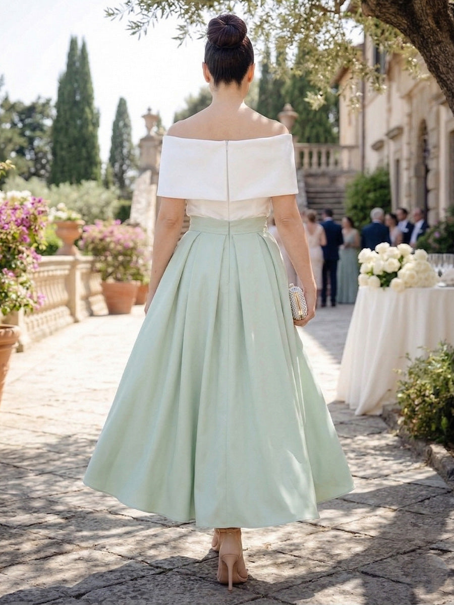 A-Line Off Shoulder Satin Ruched Mixed Color Floor-Length Formal Dresses