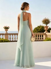 A-Line Pleated Chiffon Spaghetti Straps Floor-Length Formal Dresses with Scarf