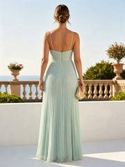A-Line Pleated Chiffon Spaghetti Straps Floor-Length Formal Dresses with Scarf