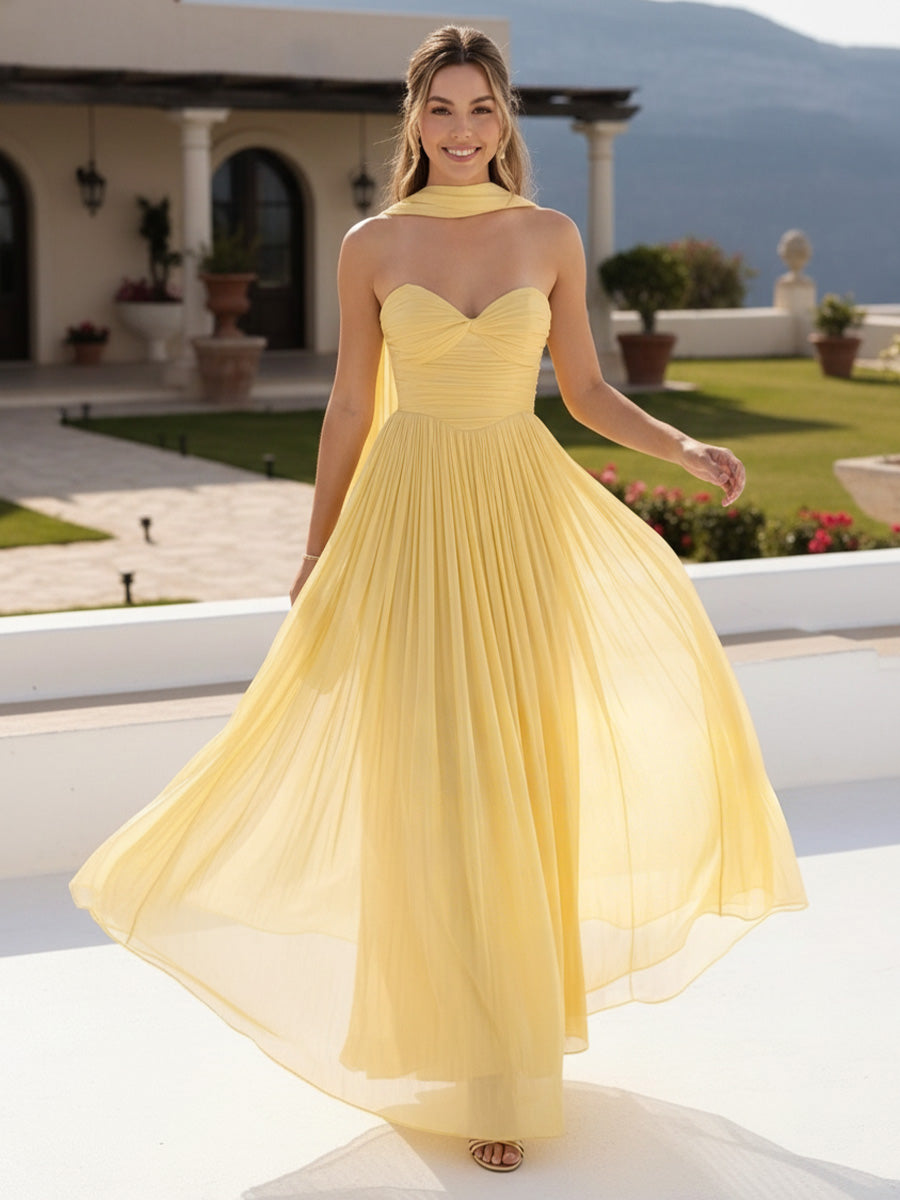 A-Line Pleated Chiffon Strapless Sweetheart Floor-Length Formal Dresses with Scarf