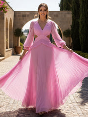 A-Line Pleated Chiffon Floor-Length Cut-Out Formal Dresses with Ruffles Waist