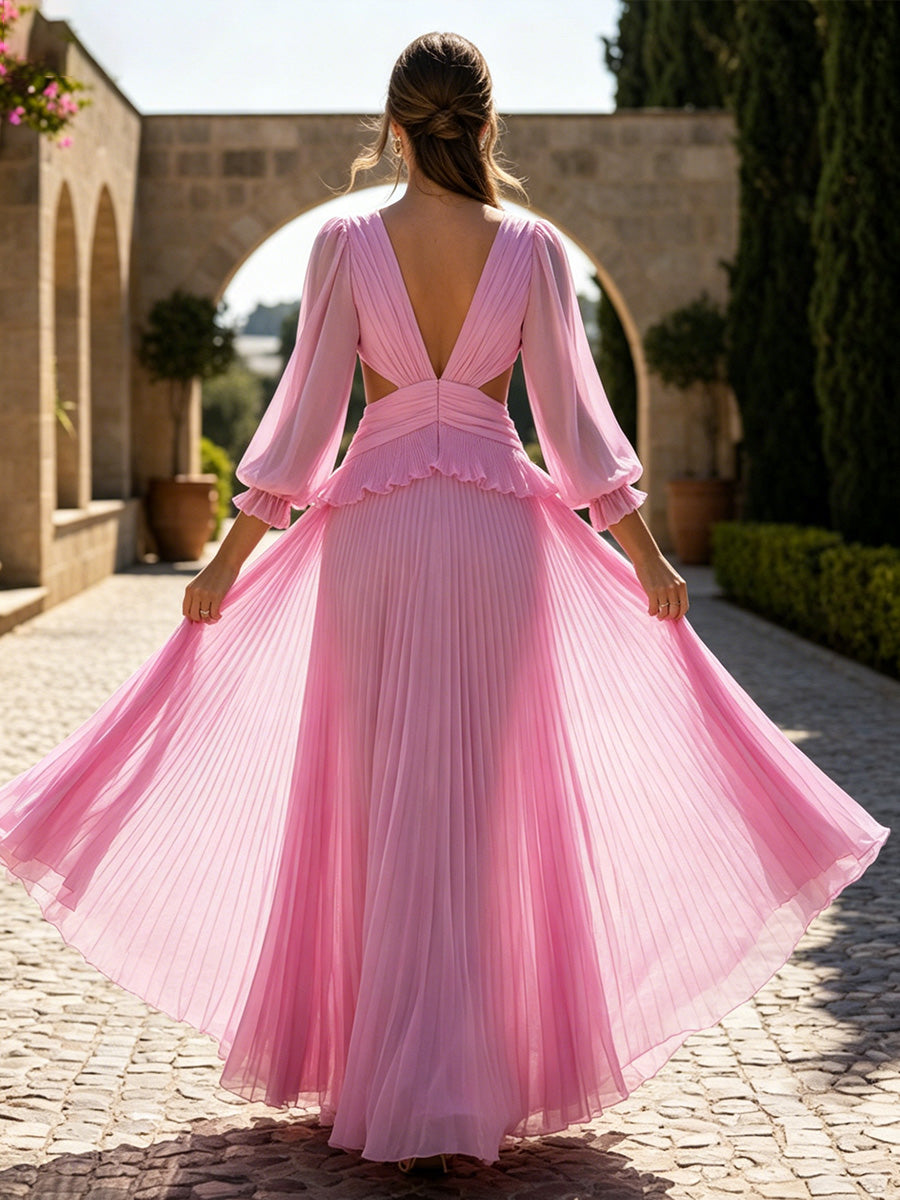 A-Line Pleated Chiffon Floor-Length Cut-Out Formal Dresses with Ruffles Waist