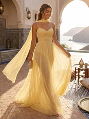 A-Line Pleated Spaghetti Straps Chiffon Floor-Length Formal Dresses with Scarf