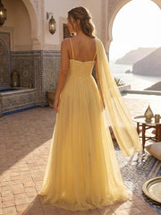 A-Line Pleated Spaghetti Straps Chiffon Floor-Length Formal Dresses with Scarf
