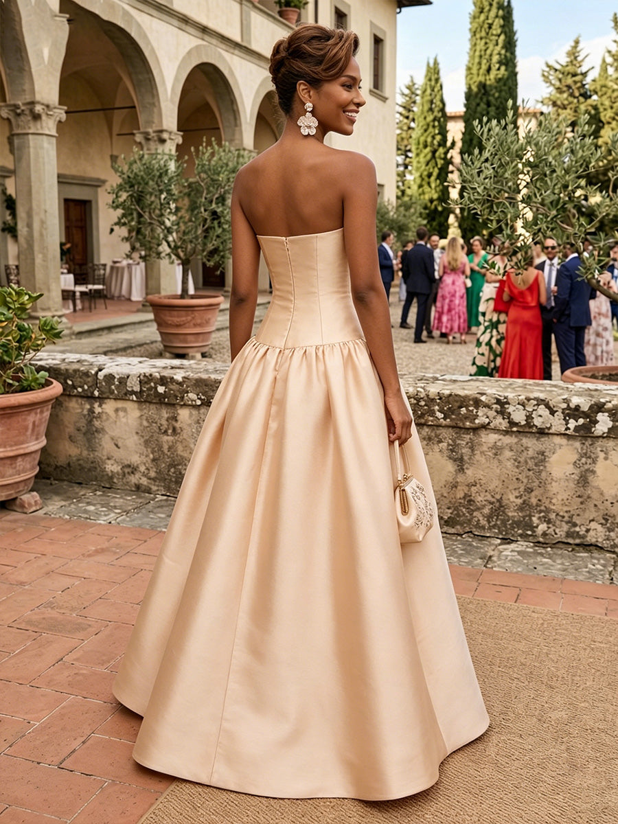 A-Line Strapless Satin Floor-Length Formal Dresses Ball Gowns for Women