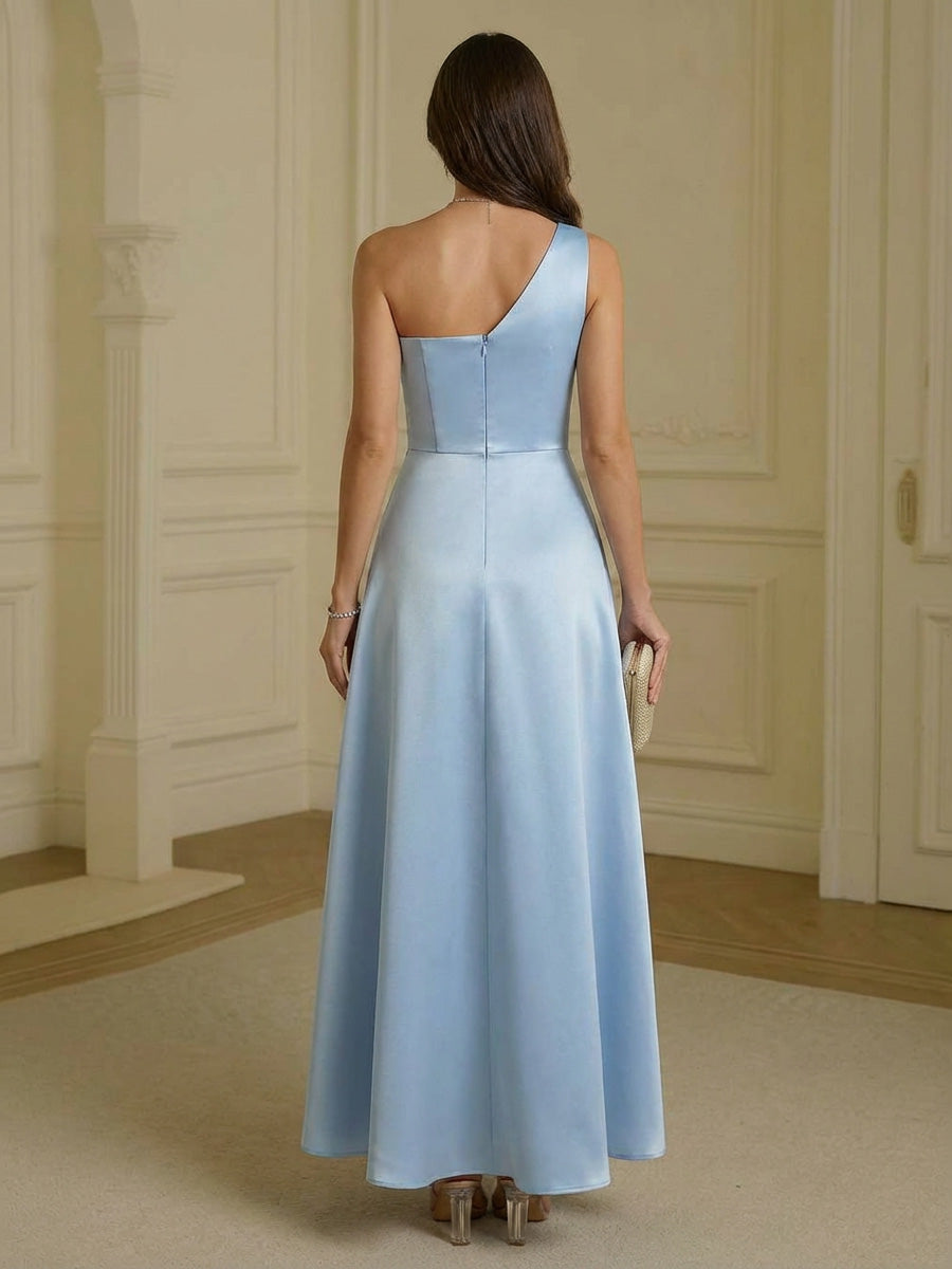 A-Line One Shoulder Satin Floor-Length Ruched Corset Formal Dresses for Women