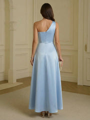 A-Line One Shoulder Satin Floor-Length Ruched Corset Formal Dresses for Women