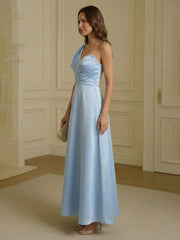 A-Line One Shoulder Satin Floor-Length Ruched Corset Formal Dresses for Women
