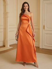 A-Line One Shoulder Satin Floor-Length Formal Dresses with Ruffles Waist