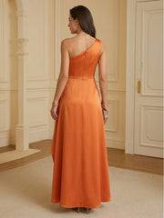 A-Line One Shoulder Satin Floor-Length Formal Dresses with Ruffles Waist