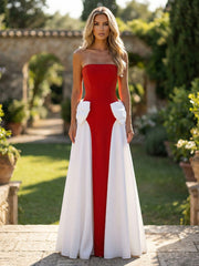 A-Line Strapless Satin Mixed Color Floor-Length Formal Dresses with Bow Waist