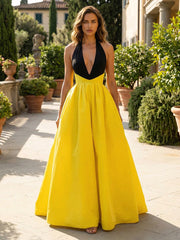 A-Line Halter Deep V-Neck Satin Mixed Color Floor-Length Formal Dresses