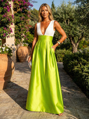 A-Line Deep V-Neck Satin Mixed Color Floor-Length Formal Dresses