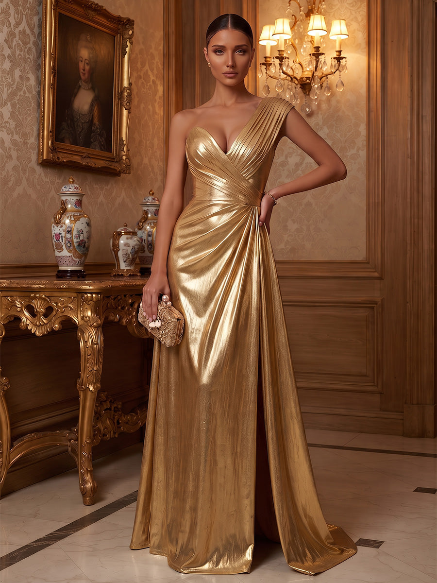 A-Line/Princess One Shoulder Metallic Satin Maxi Formal Dresses with Ruched Waist & Slit