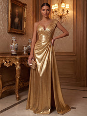 A-Line/Princess One Shoulder Metallic Satin Maxi Formal Dresses with Ruched Waist & Slit