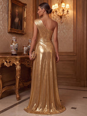 A-Line/Princess One Shoulder Metallic Satin Maxi Formal Dresses with Ruched Waist & Slit
