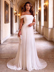 A-Line/Princess Off Shoulder Chiffon Maxi Formal Dresses with Sweep Train & Pleats