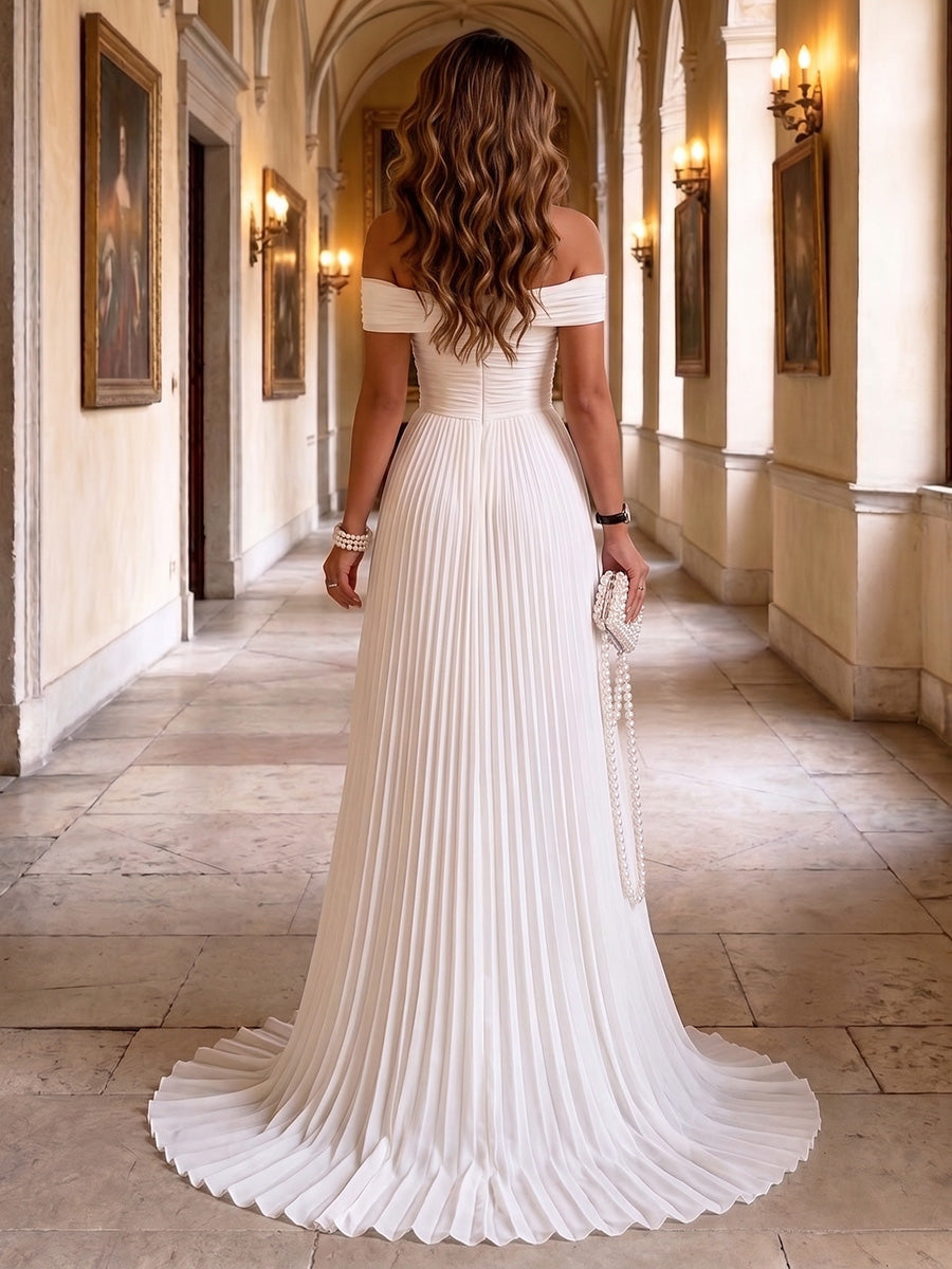 A-Line/Princess Off Shoulder Chiffon Maxi Formal Dresses with Sweep Train & Pleats