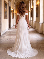 A-Line/Princess Off Shoulder Chiffon Maxi Formal Dresses with Sweep Train & Pleats