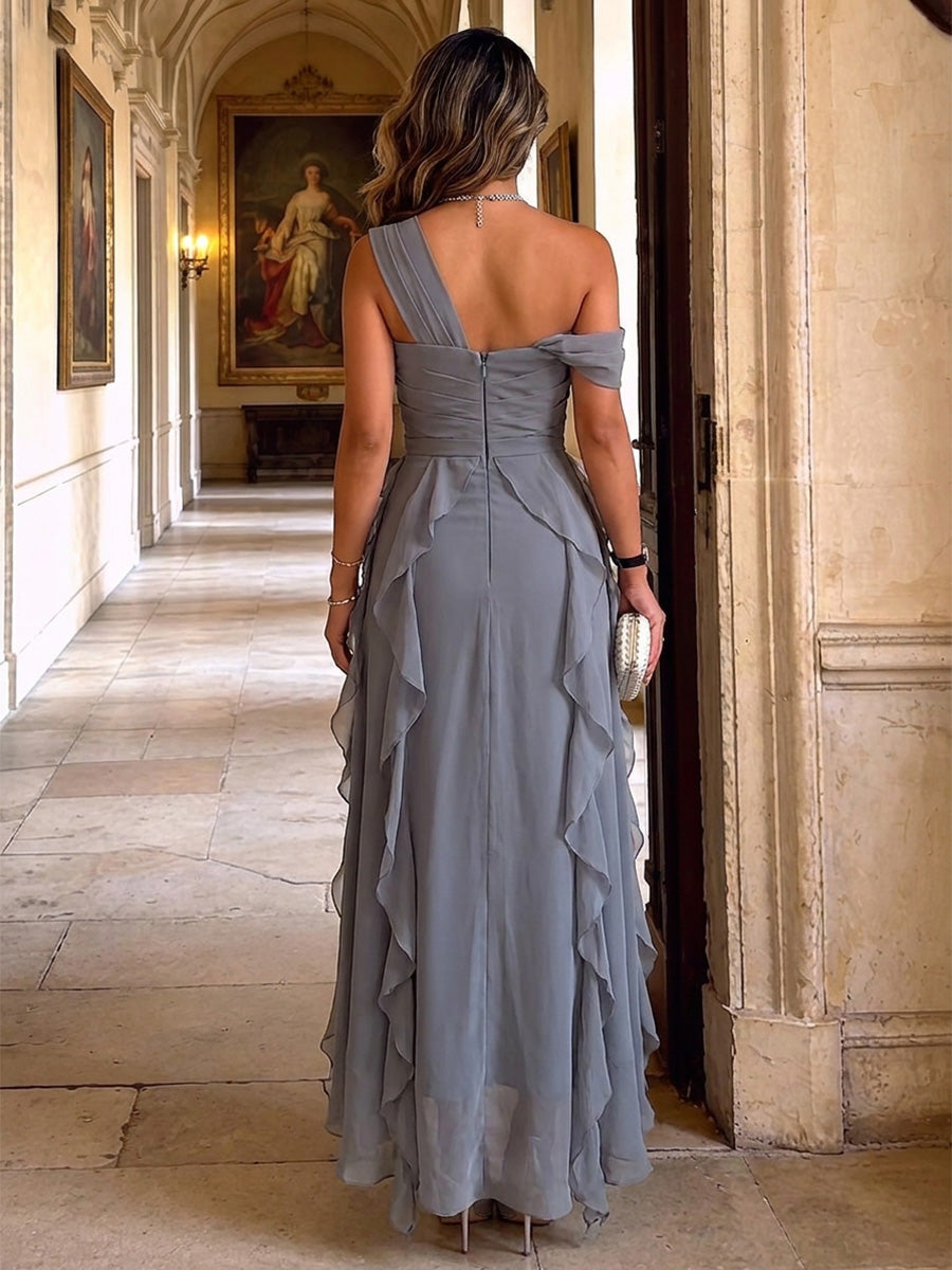A-Line/Princess Off Shoulder Chiffon Tea-Length Formal Dresses with Ruffles