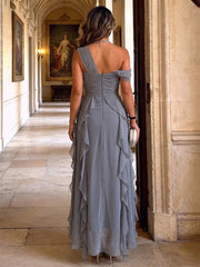 A-Line/Princess Off Shoulder Chiffon Tea-Length Formal Dresses with Ruffles