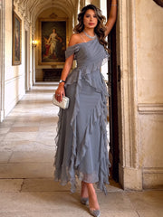 A-Line/Princess Off Shoulder Chiffon Tea-Length Formal Dresses with Ruffles