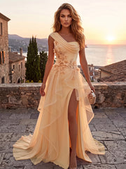 A-Line/Princess One Shoulder Chiffon Maxi Formal Dresses with 3D Flowers & Ruffles