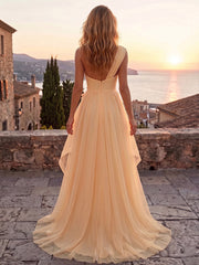 A-Line/Princess One Shoulder Chiffon Maxi Formal Dresses with 3D Flowers & Ruffles
