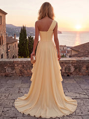 A-Line/Princess One Shoulder Chiffon High-Low Formal Dresses with 3D Flowers & Ruffles