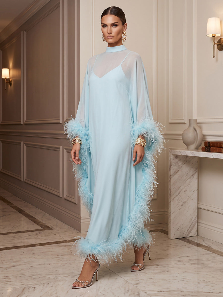 A-Line/Princess High Neck Chiffon Maxi Formal Dresses with Feather Trim