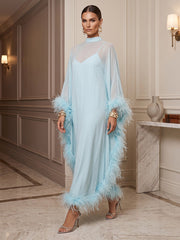 A-Line/Princess High Neck Chiffon Maxi Formal Dresses with Feather Trim