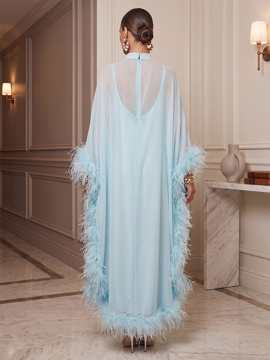 A-Line/Princess High Neck Chiffon Maxi Formal Dresses with Feather Trim