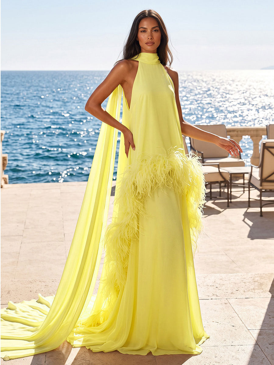 A-Line/Princess Halter Chiffon Maxi Formal Dresses with Feather Trim & Scarf