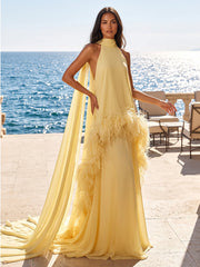 A-Line/Princess Halter Chiffon Maxi Formal Dresses with Feather Trim & Scarf