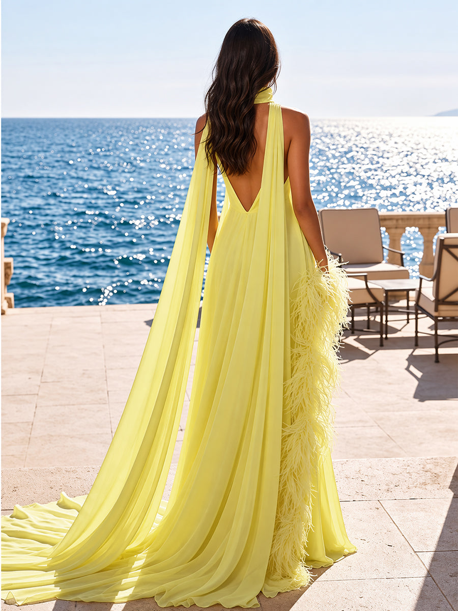 A-Line/Princess Halter Chiffon Maxi Formal Dresses with Feather Trim & Scarf