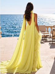 A-Line/Princess Halter Chiffon Maxi Formal Dresses with Feather Trim & Scarf