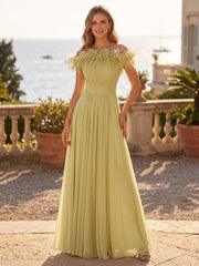 A-Line/Princess Off Shoulder Chiffon Maxi Formal Dresses with Feather Trim & Pleats
