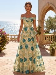 A-Line/Princess Off Shoulder Jacquard Maxi Formal Dresses with Ruffles & Pleats
