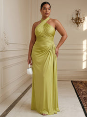 A-Line/Princess Halter Satin Maxi Plus Size Formal Dresses with Ruched Waist