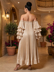 A-Line/Princess Off Shoulder Satin Maxi Plus Size Formal Dresses with Pleats