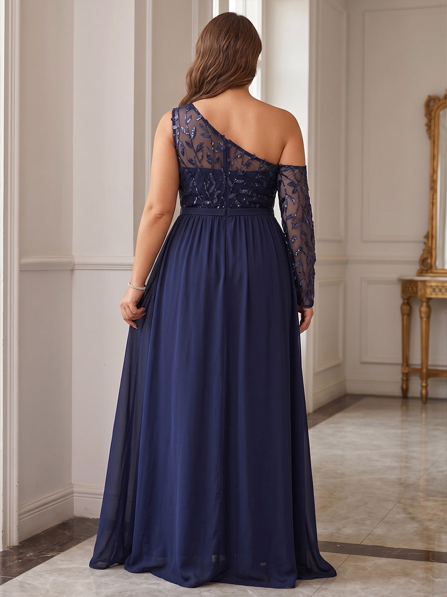 A-Line/Princess Off Shoulder Chiffon Maxi Plus Size Formal Dresses with Lace Appliques & Slit