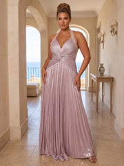 A-Line/Princess Halter Metallic Satin Maxi Plus Size Formal Dresses with Pleats