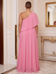 A-Line/Princess One Shoulder Chiffon Maxi Plus Size Formal Dresses with Pleats
