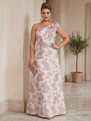 A-Line/Princess One Shoulder Jacquard Floor-Length Plus Size Formal Dresses with 3D Flowers