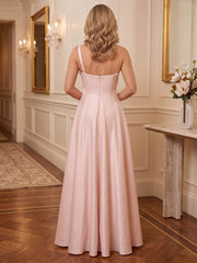A-Line/Princess One Shoulder Satin Floor-Length Plus Size Formal Dresses with 3D Flowers & Pleats