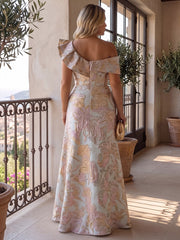 A-Line/Princess Off Shoulder Jacquard Floor-Length Plus Size Formal Dresses with Ruffles