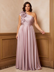 A-Line/Princess One Shoulder Satin Maxi Plus Size Formal Dresses with Ruffles & Pleats