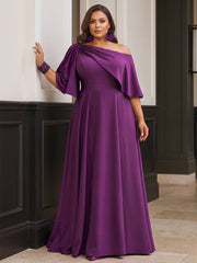 A-Line/Princess Off Shoulder Satin Maxi Plus Size Formal Dresses with Pleats