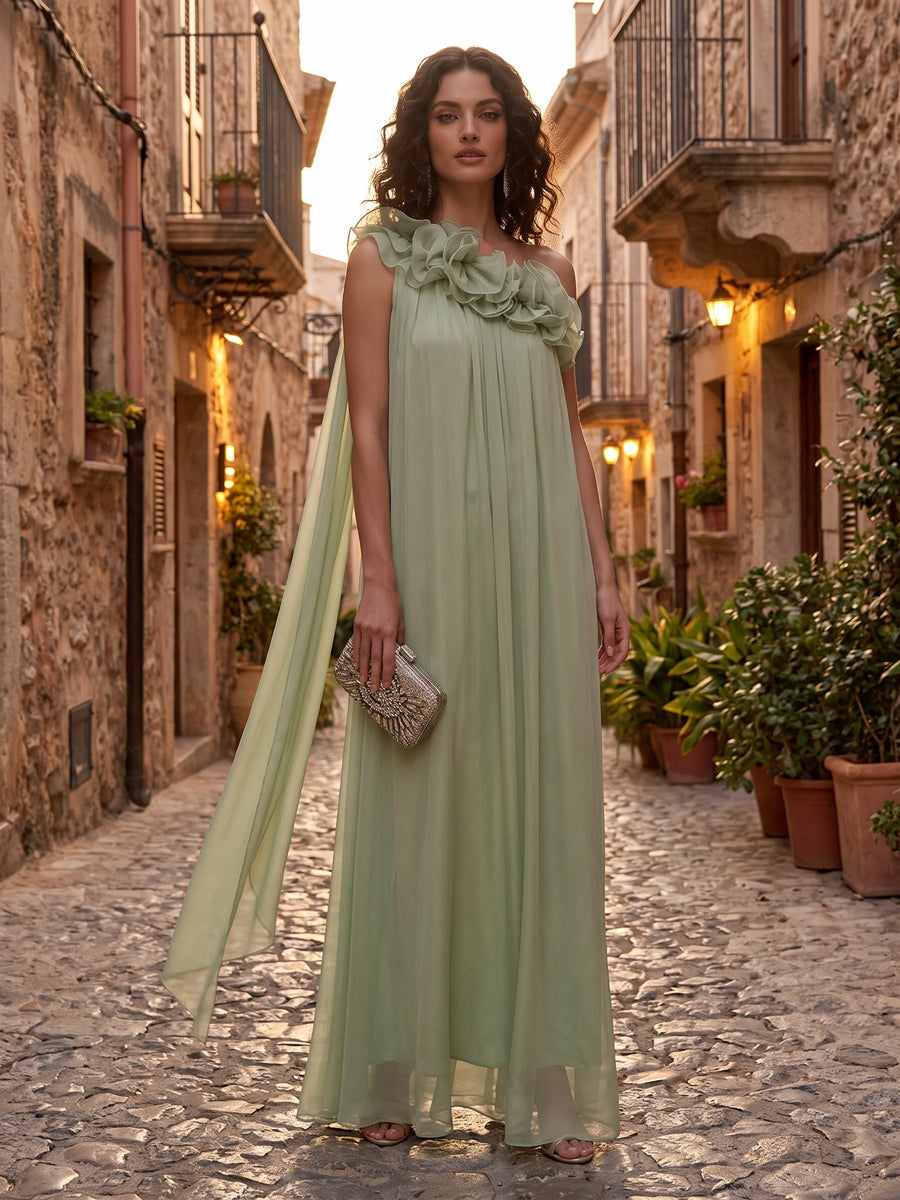 A-Line/Princess Formal Dresses One Shoulder Floor-Length Formal Gowns with Pleats & Side Sash